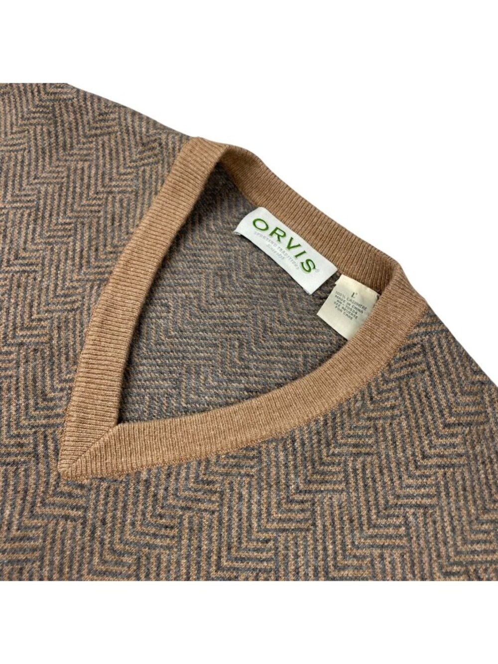 Orvis Men’s 100% Cashmere V-Neck Pullover Sweater Tan/Gray Herringbone • Large